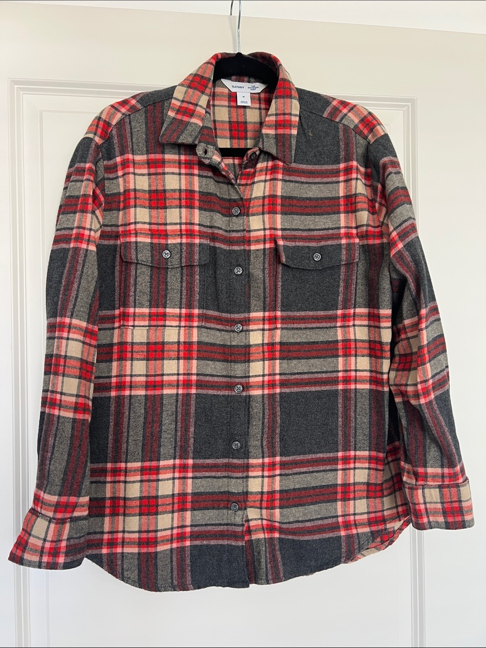 Old Navy Red, Cream & Gray Plaid Button-Down Shirt